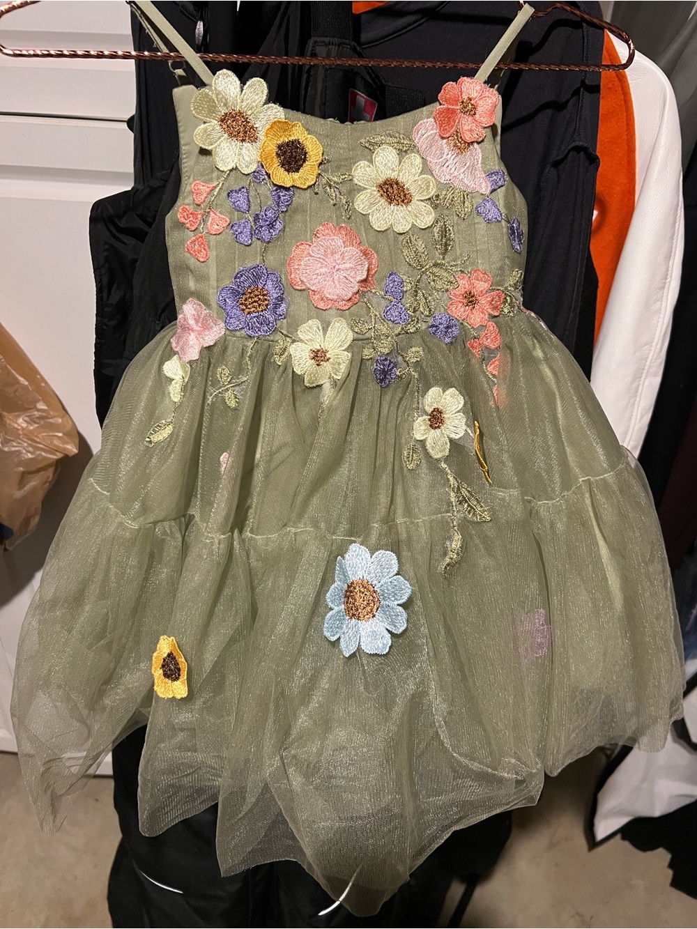 Azazie Olive Green Floral Applique Tulle Dress